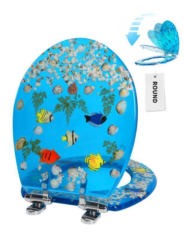lot 2155 image: Angol Shiold Round Ocean Resin Toilet Seat Slow Close Quick Release Metal Zinc Alloy Hinge Easy to Install also Easy to Clean, Decorative Acrylic Seats (17 Inch, Blue Ocean, Upgraded hinge) - Retail $66