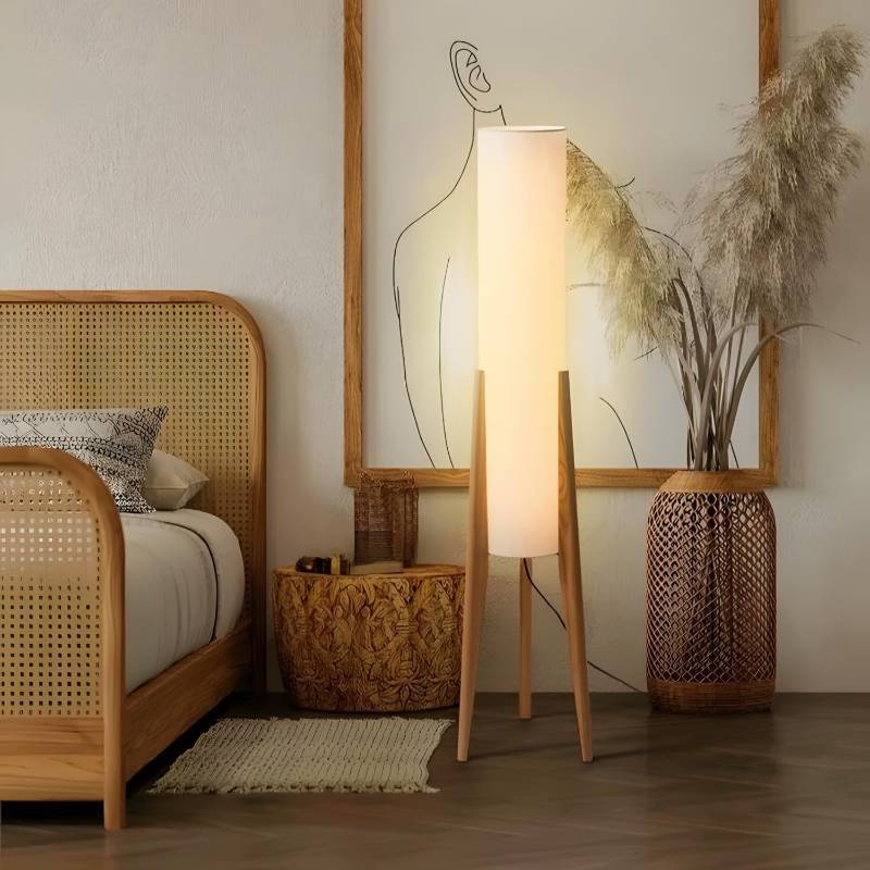 lot 2158 image: BOFEA-50 Floor Lamps for Living Room,Nordic Modern Floor Lamp,Tall Standing Boho Lamp with Fabric Shade,3 Color Art Standing Lamps,Farmhouse Wood Floor Lamp for Bedroom Office Corner - Retail $108