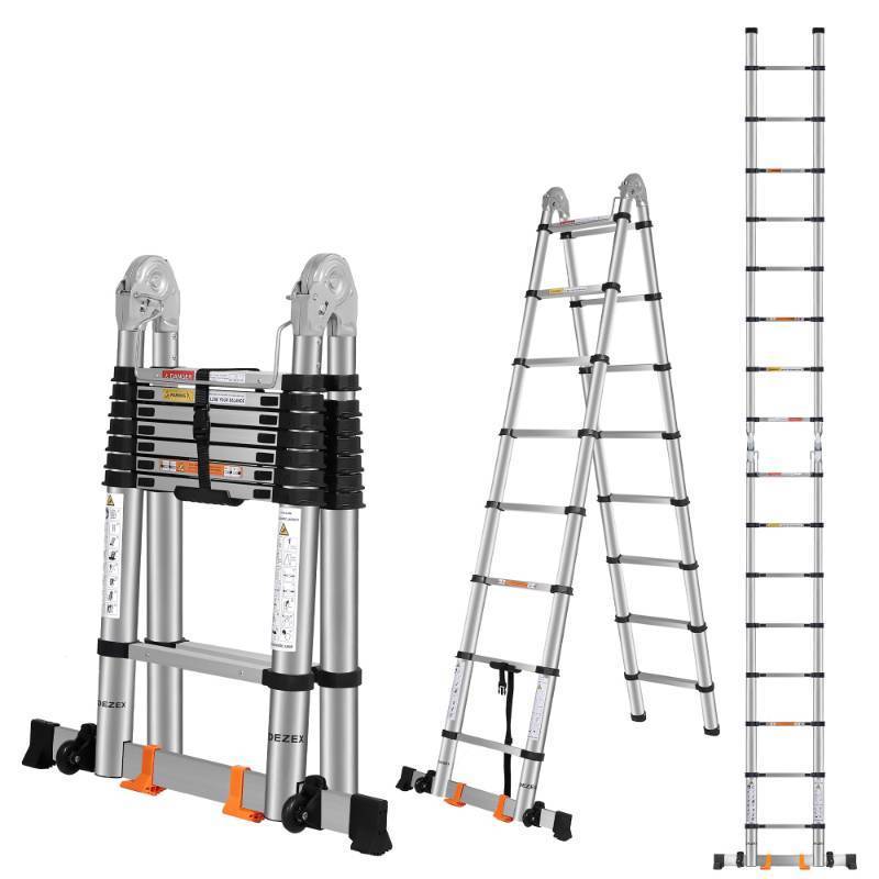 lot 2161 image: DEZEX Telescoping Ladders 16.5FT A Frame Stainless Steel Folding Extension Ladder, with Anti-Slip Balance Bar & Movable Wheel, Multi Position Collapsible Ladder for Outdoor Indoor, 330lbs Max Capacity - Retail $224