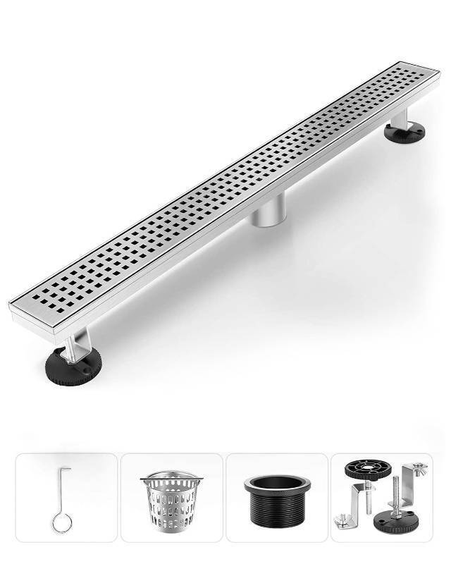 lot 2165 image: HTOH Linear Shower Drain 32 Inch, 304 Stainless Steel Shower Drain, Modern Shower Floor Drain (Brushed Nickel) with Grate Removable, Adjustable Leveling Feet, Long Shower Drain - Retail $76