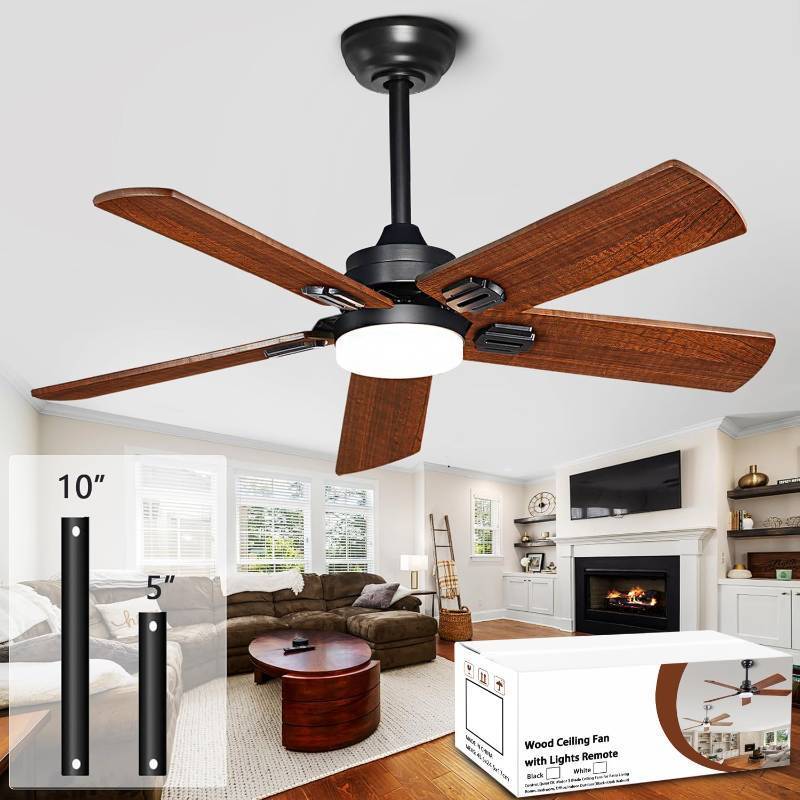 lot 2168 image: 42 Lighted Ceiling Fan, Solid Wood Ceiling Fan, with Remote Control and DC Motor, 5 Blades, Suitable for Living Rooms, Bedrooms, Farmhouses, Hallways, Indoor and Outdoor Ceiling Fans - Black  Walnut - Retail $60