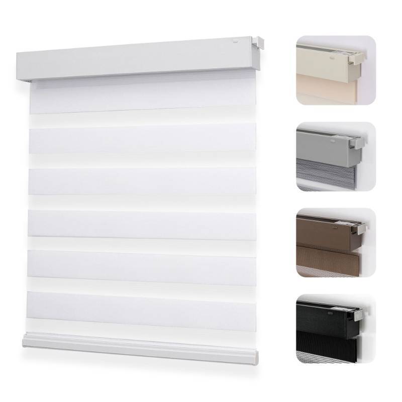 lot 2170 image: Joydeco No Drill Zebra Blinds for Windows, Cordless Day & Night Dual Sheer Roller Shades, Easy Installation, Free-Stop Lift System, Light Filtering Privacy Blinds for Home(White,46 W x 75 H) - Retail $150