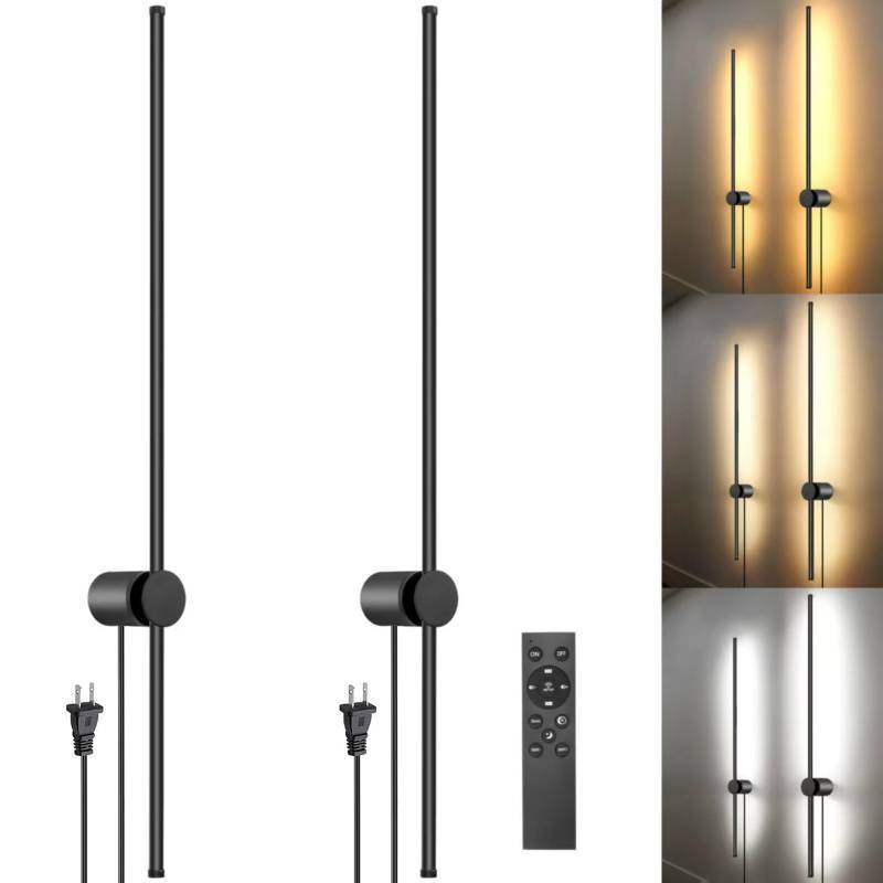 lot 2171 image: GOODATE Wall Sconces Set of Two with Remote, Stepless Colors 3000K-6500K &amp Stepless Dimming, Hardwire or Plug-in, 180° Rotate, LED Black Plug in Wall Sconces with Timer &amp Night Light, 39.4 Inches - Retail $103