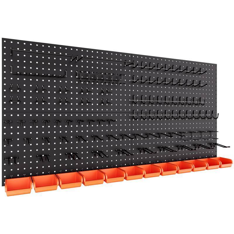 lot 2185 image: INCLY 48x24 Inch Metal Peg Board Kit with 14 Pegboard Hooks Accessories, 4PCS Pegboard Panels and 156PCS Black Pegboard Wall Organizer Tool Storage System for Garage Workbench Shed - Retail $87