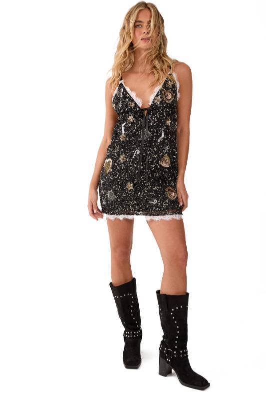 lot 2044 image: Nasty Gal Hand Embellished Tattoo Heart Lace Trim Mini Dress - Retail $144
