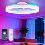 ORITHAM RGB Ceiling Fans with Lights, 20" Fandelier Low Profile Ceiling Fan with Light, Modern Flush Mount Ceiling Fan Light with Remote/APP Control, Bedroom Chandelier Fan Fixture for Indoor(White) - Retail: $80