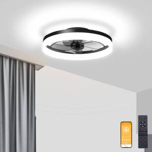 lot 4449 image: VOLISUN Low Profile Ceiling Fans with Lights and Remote, Fandelier Ceiling Fan Flush Mount, 3000K-6500K Smart Bladeless LED Fan Light, Black Modern Ceiling Fans with Lights for Bedroom - Retail $110