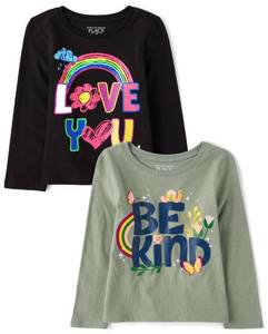lot 4463 image: The Childrens Place Baby-Girls and Toddler Assorted Everyday Long Sleeve Graphic T-Shirts,Multipacks Be KindI Love You 2-Pack 5T - Retail $14