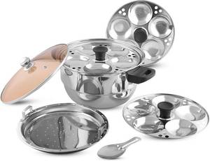 lot 4476 image: KSJONE Glass lid 5 Pcs Stainless Steel Induction & Gas Friendly Idli Cooker Multi Kadai for Indian Cooking with 3 idli Plates (15 Idlis), 1 Patra Plate and 1 Idli Spoon, Silver - Retail $47