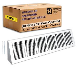 lot 4496 image: Fits 30x6 Duct Opening  Steel Triangular Baseboard Return Air Grille by Handua  Efficient Air Flow  Air Register Vent Cover Grill  3-1316 Depth  White  Outer Dimensions 31-34 x 6-58 - Retail $54