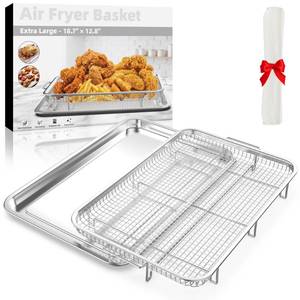 lot 4500 image: Air Fryer Basket for Oven, Extra Large 18.8 x 12.8 Oven Air Fryer Basket and Tray Set with 30 PCS Parchment Papers, Stainless Steel Air Fryer Pan and Crisper Tray (Silver) - Retail $40