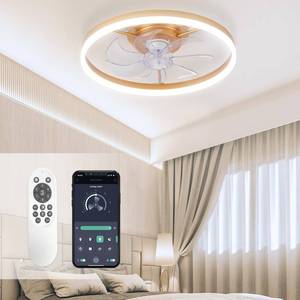 lot 4506 image: STERREN 19.7 Crystal Ceiling Fans with Lights and Remote, Modern Low Profile LED Ceiling Fan, Dimmable Flush Mount Fan Light, Gold Fandelier with Color Temperature Change 6 Speeds - Retail $82