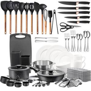 lot 4508 image: 72-Piece Kitchen Cooking Set, Pots and Pans Cookware, Nonstick Cookware Set, Plates and Bowls Dinnerware Knife Set, Kitchen Gadgets & Tools For New Home, Apartment, Mothers Day Gifts - Retail $171