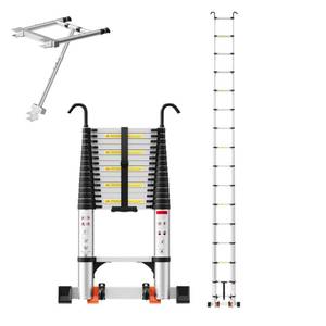 lot 4513 image: SEEKNEW 20.3 FT Telescoping Ladder, Aluminum Extension Ladder with Hooks, Stabilizer Bar& Wheels, 330 lbs Capacity, Portable Collapsible Ladder for Home,Work Silver - Retail $210