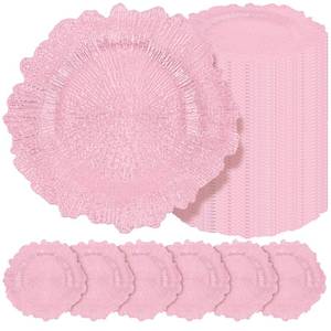 lot 4538 image: Teruntrue 50 Pcs Pink Charger Plates Bulk 13 Inch Plastic Charger Plates for Dinner Plate, Pink Chargers for Table Setting, Reef Design Plate Floral Decorative Round Chargers for Wedding Party Event - Retail $224