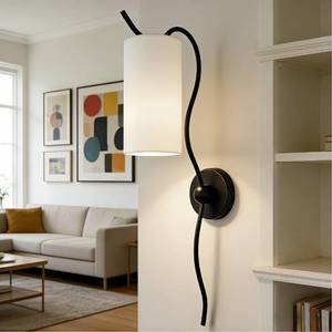 lot 4541 image: Cylinder White Linen Shade Sconce, Mid-Century Modern Wall Mounted Lamp with Wavy Black Forged Iron Arm, Hardwired Wall Light for Bedroom, Living Room, Hallway (Black) - Retail $49