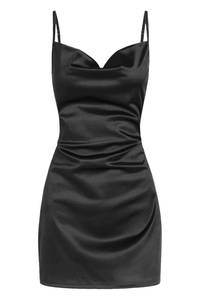 lot 4542 image: ZAFUL Womens Satin Sleeveless Spaghetti Strap Mini Dress Sexy Slip Cowl Neck Silky Cocktail Party Dresses(Black,S) - Retail $50