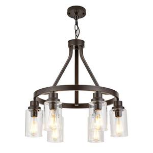 lot 2055 image: LIGOTFIRE Wagon Wheel Chandelier Oil Rubbed Bronze Dining Room Lighting Fixture Hanging Farmhouse Chandelier 6 Light Kitchen Island Lighting with Glass Shade - Retail $176