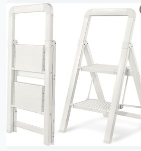 lot 2063 image: BIBKOKE Step Ladder 2-Step White Finish Aluminum Folding Step Ladders,Anti-Slip Max 330 lbs - Retail $30