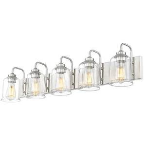 lot 2080 image: zeyu 36 Inch Farmhouse Modern Bathroom Lighting Fixture, 5-Light Bathroom Vanity Light, Brushed Nickel Finish with Clear Glass Shade, ZSL72B-5W BN - Retail $150