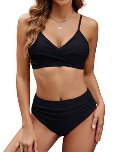lot 2098 image: Edelqual Womens High Waisted Bikini Sets Two Piece Swimsuit Tummy Control Bathing Suit V Neck Twist Front Swimwear Swim Suit 2025(Medium,Black) - Retail $21