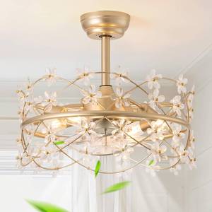 lot 2142 image: youngrender 20 Inch Gold Caged Ceiling Fan with Light, Flower Chandelier Ceiling Fan with Lights Remote Control, Frower Crystal Fandelier 6 Speeds for Girls Bedroom, Living Room - Retail $140