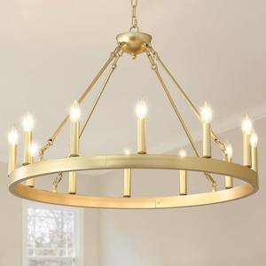 lot 2146 image: VBKK Gold Wagon Wheel Chandelier Farmhouse 32-Inch, 12-Light Modern Gold Chandelier for Dining Room, Round Iron Industrial Chandeliers Light Fixture for Living Room, Foyer, Entryway, E12 - Retail $180