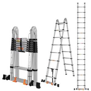 lot 2161 image: DEZEX Telescoping Ladders 16.5FT A Frame Stainless Steel Folding Extension Ladder, with Anti-Slip Balance Bar & Movable Wheel, Multi Position Collapsible Ladder for Outdoor Indoor, 330lbs Max Capacity - Retail $224