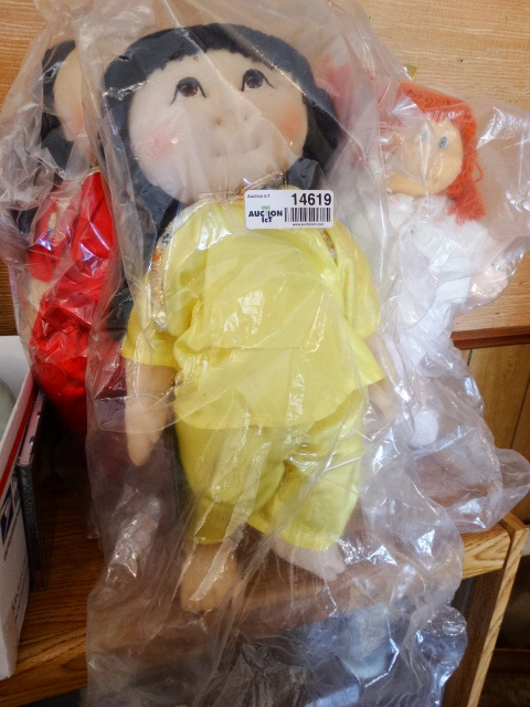 lot 14619 image: Raggedy ann doll and 2 rice patty babies.