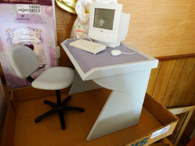lot 14623 image: Miniture computer chair, computer and compiuter desk.