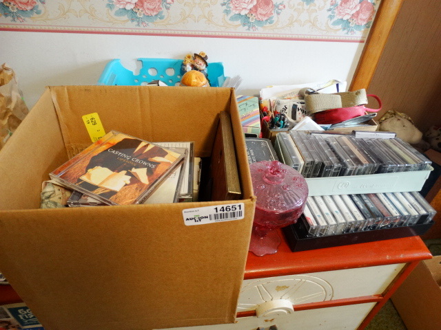 lot 14651 image: Large lot of cassette tapes, cds, picture frames, figurines, and more.