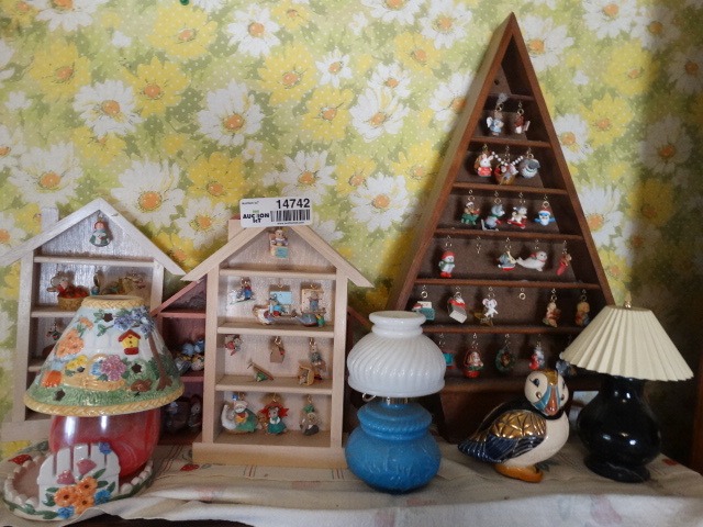lot 14742 image: Lot of different shaped shelfs and knickknacks, avon bottles, decor lamp.