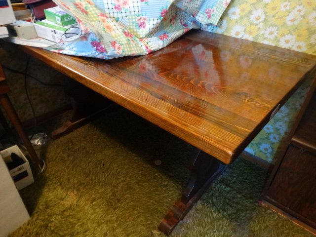 lot 14749 image: Solid wood dining table with bench seats need to be put together.