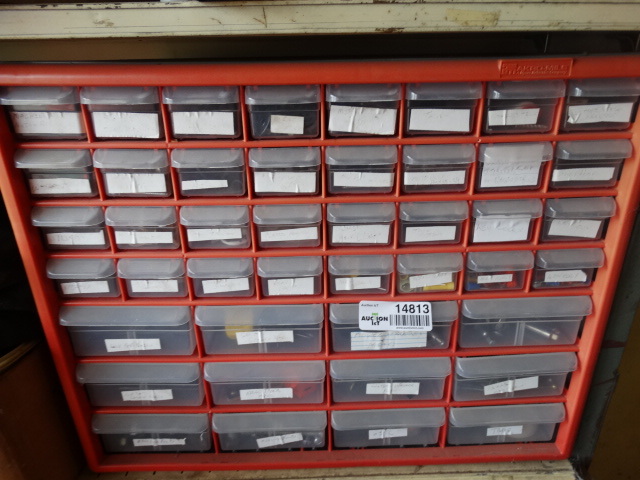 lot 14813 image: Plastic parts bin with contents.