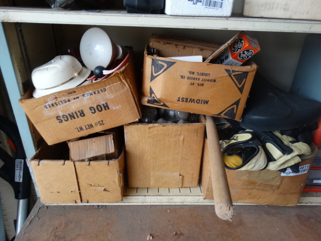 lot 14814 image: Miscellaneous lot of electric glass tubes, gloves, trycycle seat, etc.