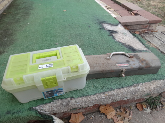 lot 14849 image: one metal craftsmen small hand carry tool box with contents and one plastic tool box.
