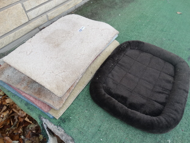 lot 14853 image: 7- 18 x 26 pieces of rugs assorted color and a small pet bed.