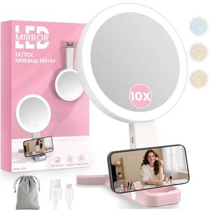 lot 1002 image: Magnifying Mirror with Light, Double-Sided 10X1X Lighted Makeup Mirror with Magnification, Rechargeable Makeup Mirror with Lights, 3 Color Lighting, 3 in 1 TabletopHandheldHanging Travel Mirror&nbsp