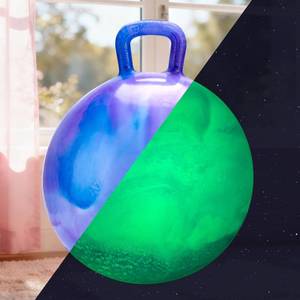 lot 1016 image: PlayZap Glow in The Dark Hopper Ball for Kids 3-8, Night Light Bouncy Ball with Handle, 18 Inch Inflatable Hippity Hop Jumping Hopping Toys Girls Boys Gifts for Indoor Outdoor - Retail $23