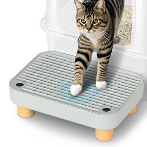 lot 1019 image: Aothey Litter Box Step, Litter Box RampCatcher with Wooden Base, Anti-Tracking & Easy to Clean, Ideal for Small & Elderly Cats (Grey) - Retail $22