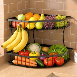 lot 1035 image: Tequie 2 Tier Fruit Basket for Kitchen Counter - Detachable Metal Fruit Bowl with 2 Banana Hangers for Corner , Large Capacity Fruit Stand with Wooden Handle for Bread Fruit and Vegetable Storage - Retail $25