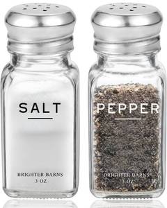 lot 1047 image: Glass Salt and Pepper Shakers Set by Brighter Barns - Modern Kitchen Decor, Dining Table Countertop Accessory - Rustic, Farmhouse, Vintage Glass Shakers with Stainless Steel Lids for Home, Restaurant&nbsp