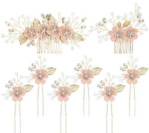 lot 1069 image: Dizila 20 Pieces Bridal Wedding Party Prom Rhinestone Pearl Pink Flower Hair Side Combs SlidesU-shaped Flower Hair Pins Twist Spiral Pearl Hair Pins Headpieces for Brides Bridesmaids Women Girls