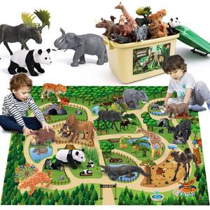 lot 1082 image: FRUSE Safari Animals Figures Toys w 57x38.5Jumbo Play Mat,12PCS Realistic Jungle Wild Zoo Animals Figurines Playset with Panda,Lion,Elephant,Educational Learning Toys for Toddlers Kids - Retail $31