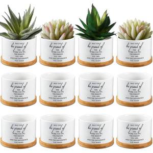 lot 1091 image: Inbagi 12 Pcs May You Be Proud Gifts Bulk 3.15 Small Ceramic Succulent Pots with Bamboo Tray Thank You Gifts for Employee Teacher Coworker Team Staff Groups Friend Home Office Table Decor - Retail $40