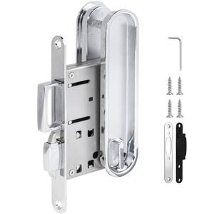 lot 1092 image: HBL Pocket Door Lock with Handles - Keyless Privacy, 2-in-1 Pocket Door Handles, Fits Solid Wood Doors 1-12 to 2 Thick, Chrome - Retail $90