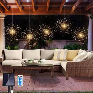 lot 1103 image: LOFTOLMEA 5 Pack Solar Firework Lights, 450 LED 8 Modes Dimmable Waterproof Hanging DIY Starburst Fairy Lights with Timer for Party Garden Indoor Outdoor Decoration (Warm White, 450) - Retail $23