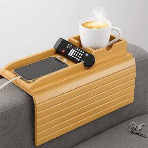 lot 1128 image: Bamboo Sofa Armrest Tray - Couch Arm Tray with Detachable Couch Cup Holder - 2 in 1 Anti-Slip Foldable Sofa Armchair Caddy Table for Drinks Cellphone TV Remote Snacks - Retail $35