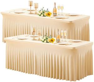 lot 1141 image: Wish Care 2 Pack Champagne Spandex Table Clothes for 6 Foot Rectangle Tables, 6FT Wrinkle Free Fitted Tablecloths Ruffles Design Table Cover for Party, Banquet, Wedding and Events - Retail $40