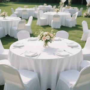 lot 1147 image: MRJ 6 Pack 90 Inch Round White Tablecloth Washable Polyester Fabric for Wedding Banquet Holiday Party Table Cover - Retail $40